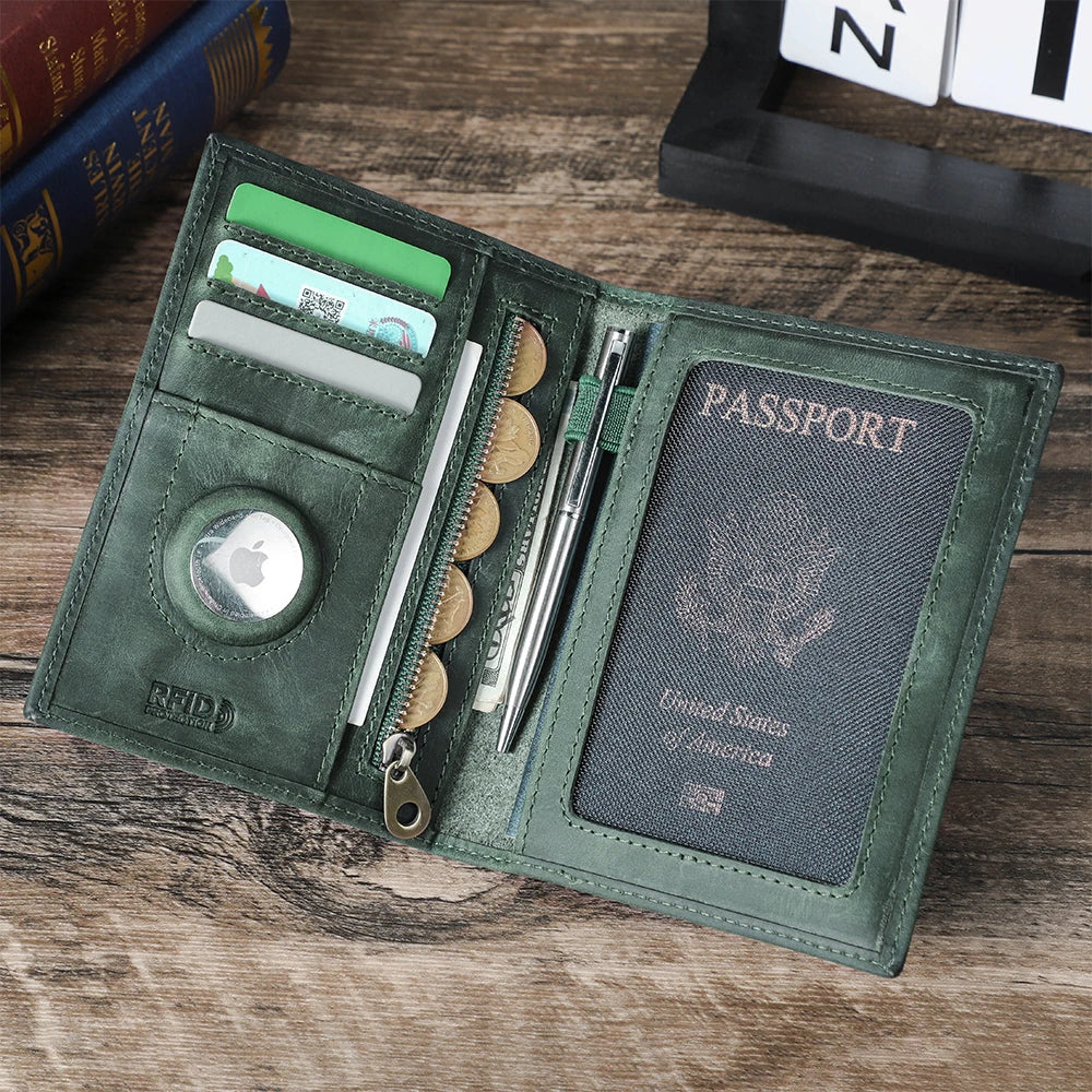 Leather Passport Wallet With AirTag Slot & RFID Shielding