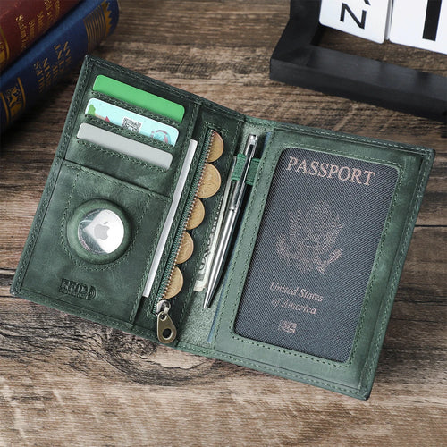 Leather Passport Wallet With AirTag Slot & RFID Shielding