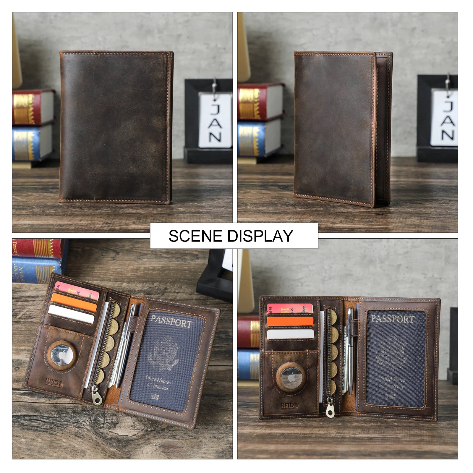 Leather Passport Wallet With AirTag Slot & RFID Shielding